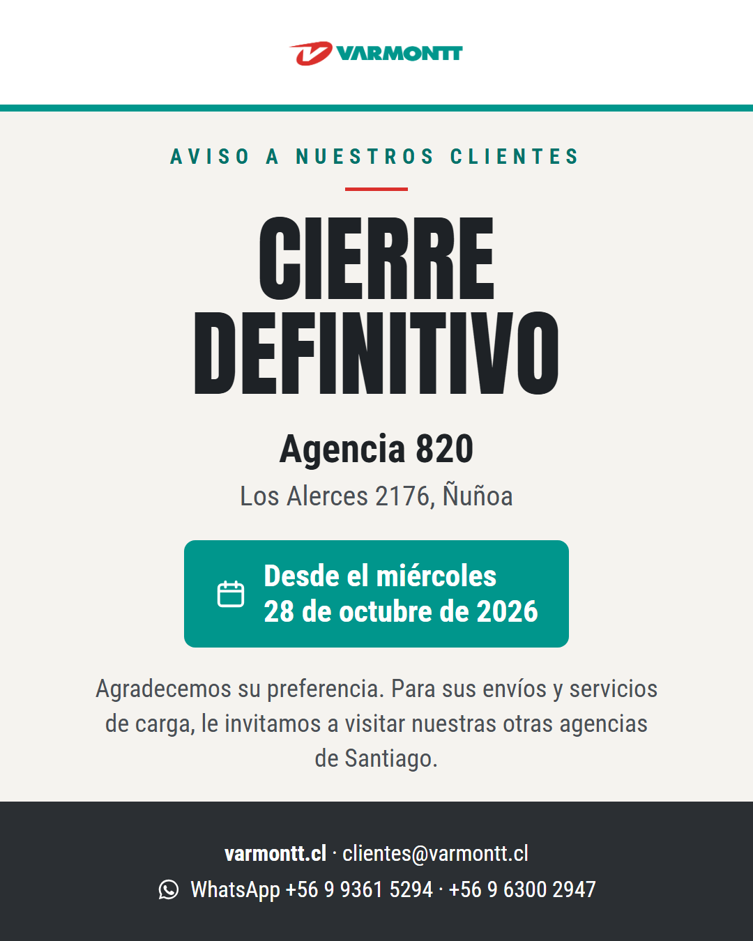 Cierre definitivo Agencia 820 Ñuñoa desde el 28 de octubre de 2026